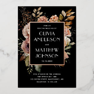 Black & Gold Formal Wedding Elegant Fall Floral Foil Invitation