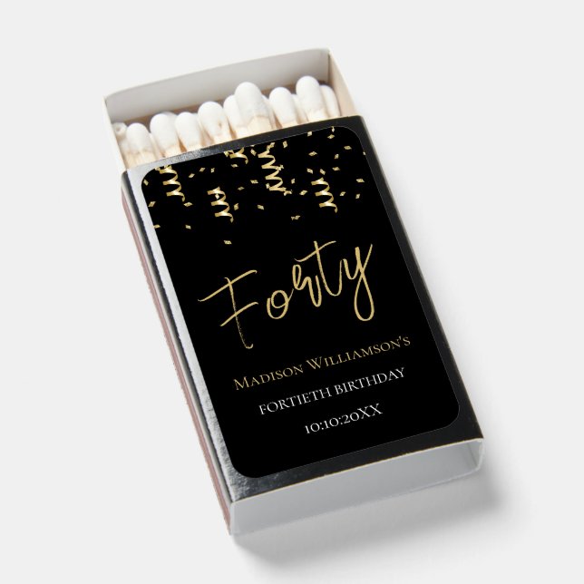 Black & Gold Forty Minimal 40th Birthday Party   Matchboxes (Front Open)
