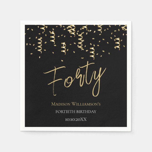 Black & Gold Forty Minimal 40th Birthday Party   Napkins (Front)