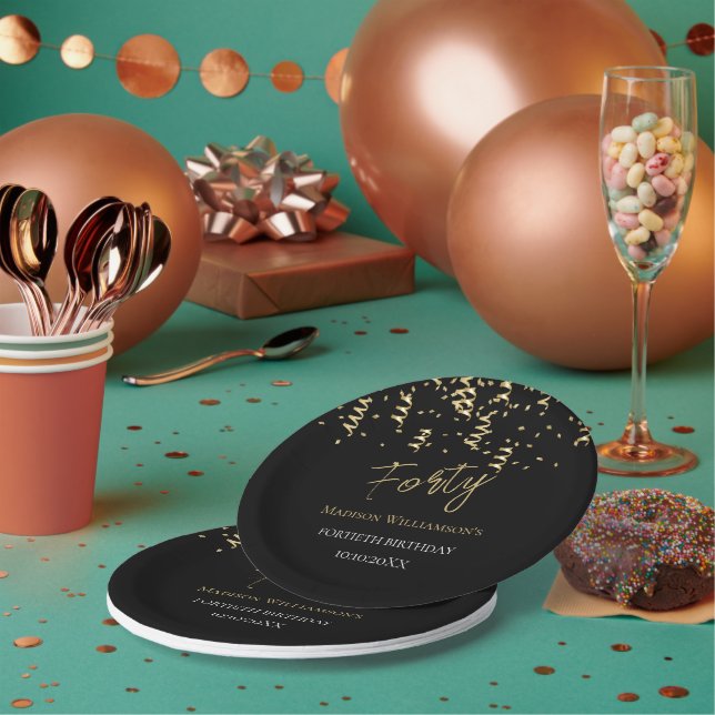 Black & Gold Forty Minimal 40th Birthday Party   Paper Plates (Multi)