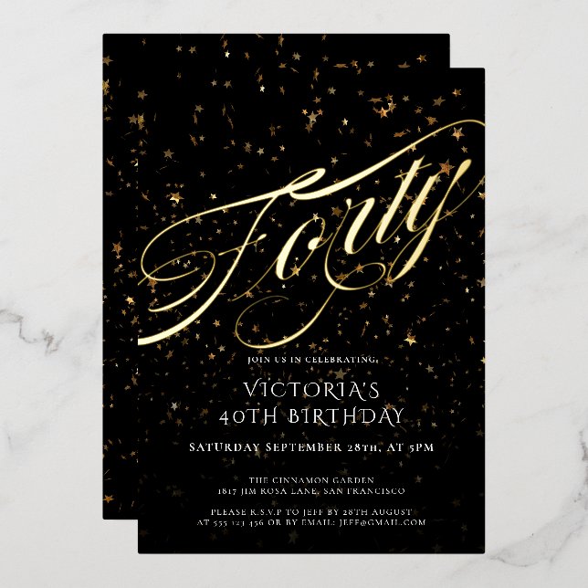 Black Gold Forty Stylish Confetti 40th Birthday  Foil Invitation (Front/Back)