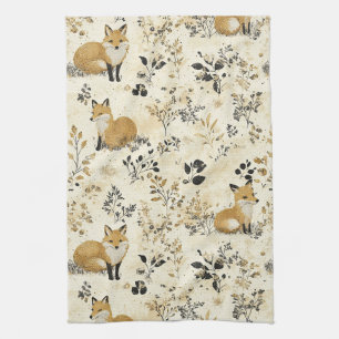 Black Gold Fox Arts Crafts Floral Pattern Kitchen Towel