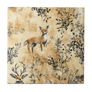 Black Gold Fox Botanical Victorian Pattern Ceramic Tile