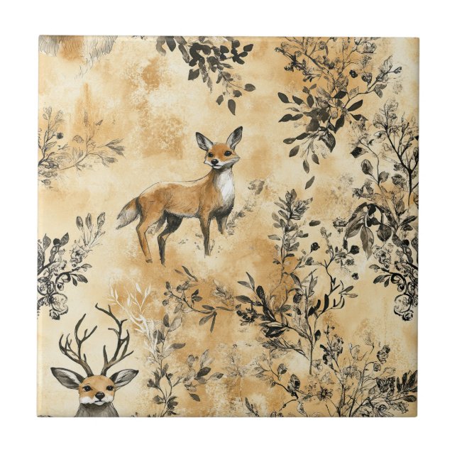Black Gold Fox Botanical Victorian Pattern Ceramic Tile (Front)