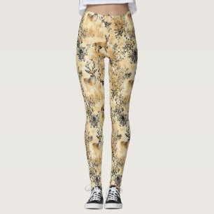 Black Gold Fox Botanical Victorian Pattern Leggings