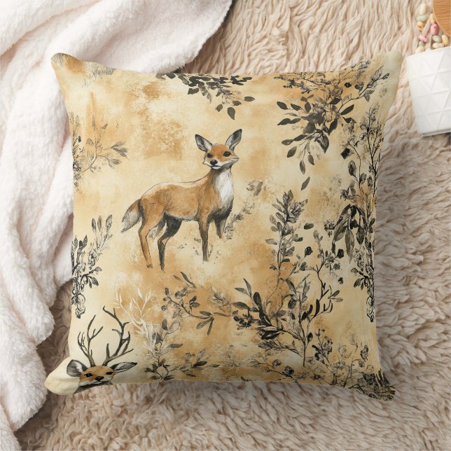 Black Gold Fox Botanical Victorian Pattern Throw Pillow (Blanket)