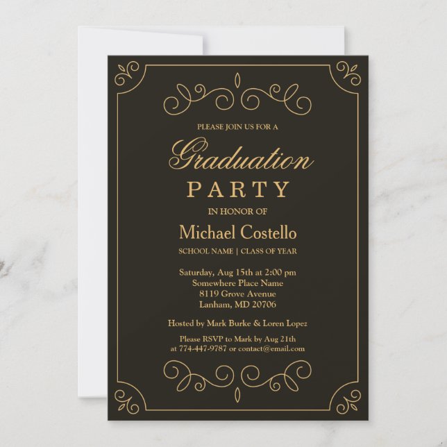 Black Gold Frame Borders Graduation Party Invitation (Front)