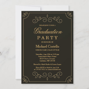 Black Gold Frame Borders Graduation Party Invitation