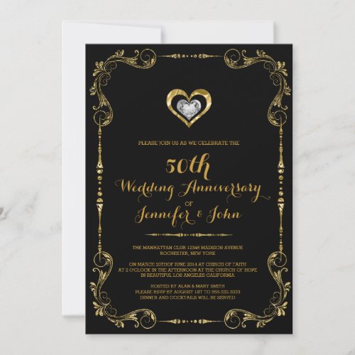 Black  Gold Frame Heart Silver Anniversary Invitation