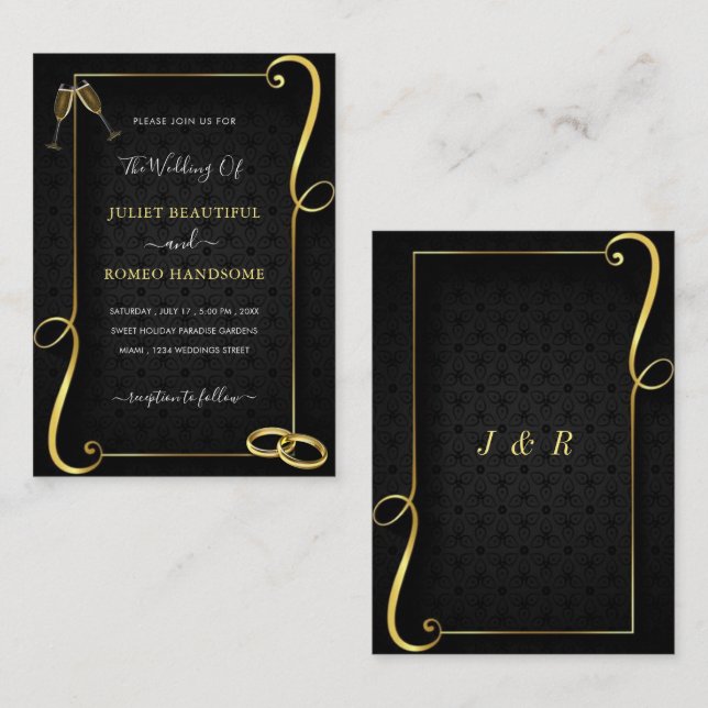 Black Gold Frame Wedding Invitations Template (Front/Back)