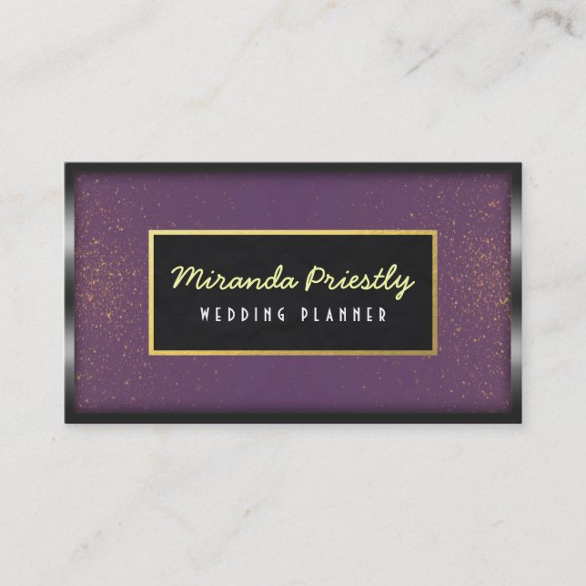 Black Gold Framed & Purple Glitter Wedding Planner Business Card (Front)