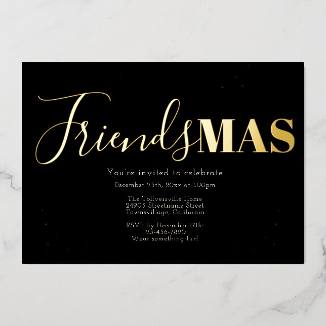 Black Gold Friendsmas Christmas Foil Invitation (Front)