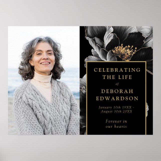 Black Gold Funeral Celebration Of Life Photo Sign (Front)