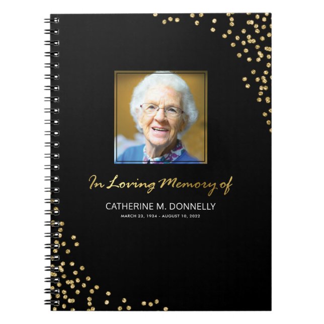 Black Gold Funeral Condolence | Photo Memorial Notebook (Front)