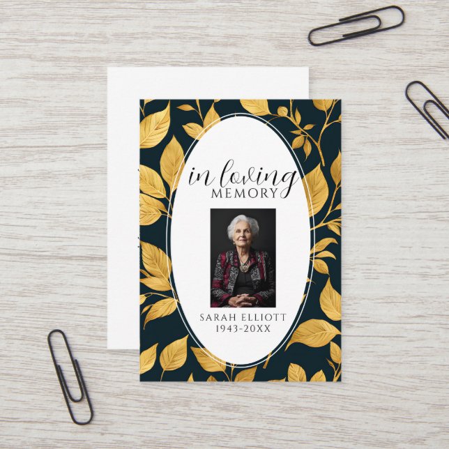 Black & Gold Funeral Memorial Prayer Photo Card (Front/Back In Situ)