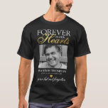 Black Gold Funeral Photo Memorial T-Shirt<br><div class="desc">Elegant funeral memorial t-shirt featuring a picture of your lost loved one,  the text "forever in our hearts",  their name,  birth/death dates,  a faux gold foil heart,  and the remembrance saying "gone but not forgotten".</div>