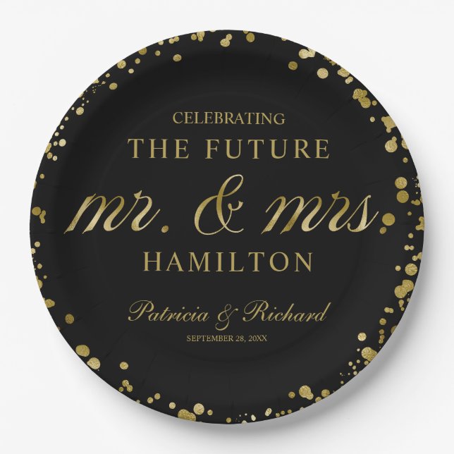 Black Gold Future Mr and Mrs Engagement Party Paper Plates (Front)