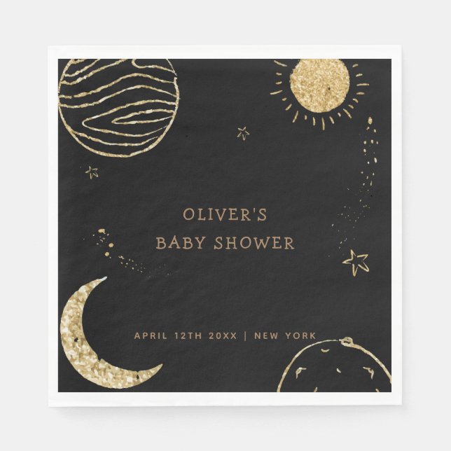 Black Gold Galaxy Moon Star Boy Baby Shower  Napkins (Front)