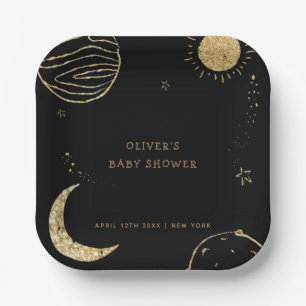 Black Gold Galaxy Moon Star Boy Baby Shower  Paper Plates