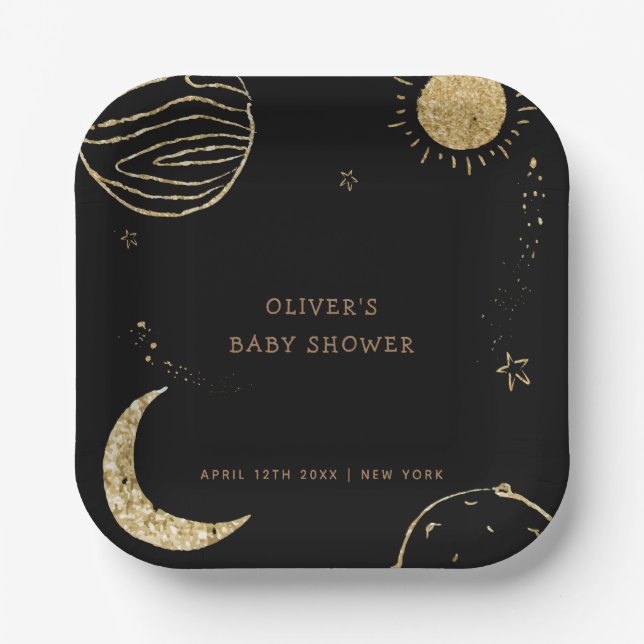Black Gold Galaxy Moon Star Boy Baby Shower  Paper Plates (Front)