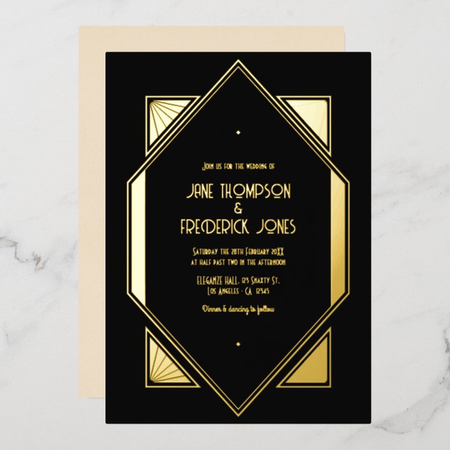 Black & Gold Gatsby Art Deco Wedding Foil Invitation (Front/Back)