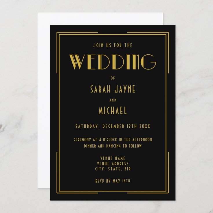 Black Gold Gatsby Deco Style Wedding Invitations | Zazzle