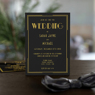 Black Gold Gatsby Deco Style Wedding Invitations