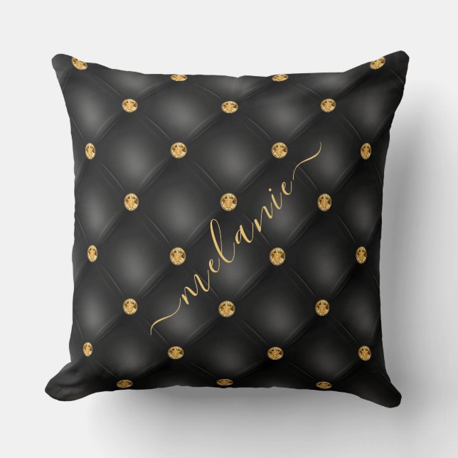 Black Gold Gemstone Tufted Pillow with Custom Name (Front)