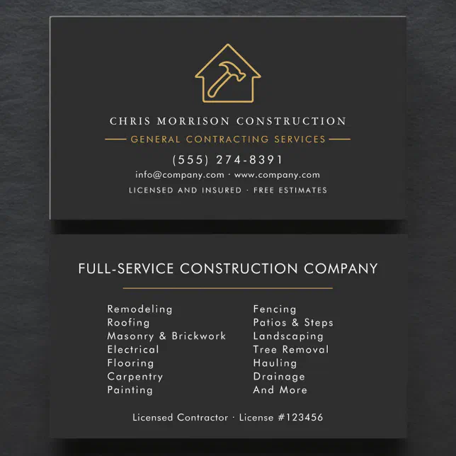 Black Gold General Contractor Business Card | Zazzle
