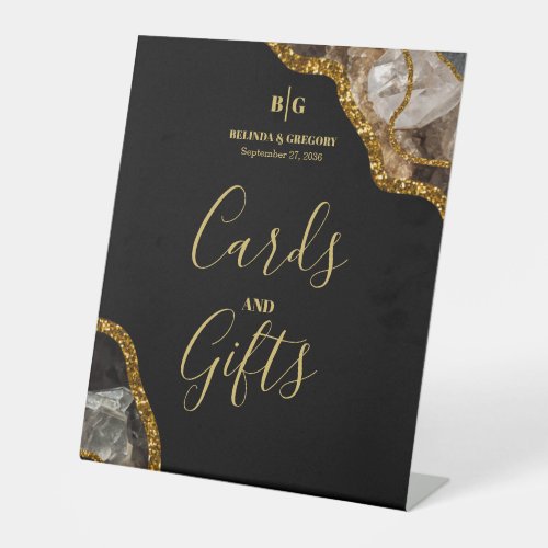 Black  Gold Geode Glitter Wedding Cards  Gifts Pedestal Sign