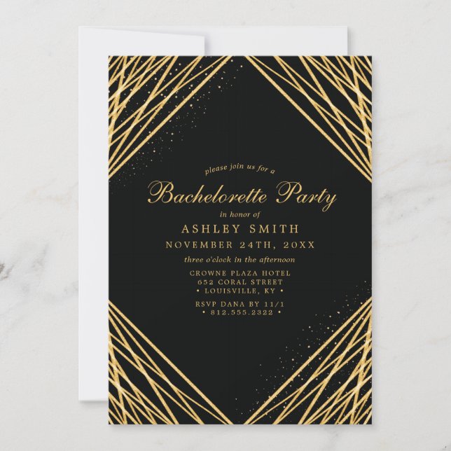 Black Gold Geometric Abstract Lines Bachelorette Invitation (Front)