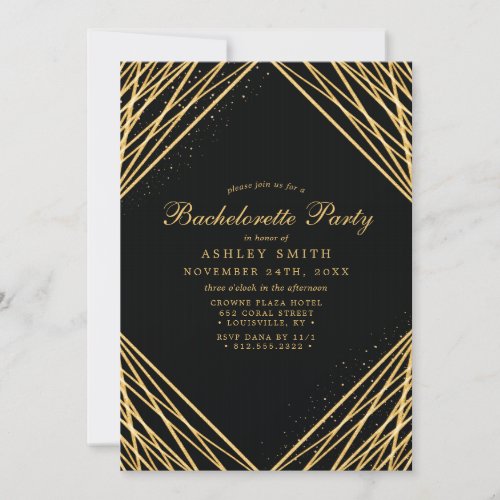 Black Gold Geometric Abstract Lines Bachelorette Invitation