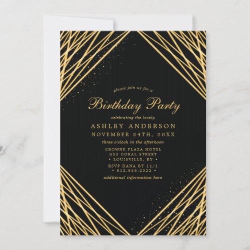 Black Gold Geometric Abstract Lines Birthday Party Invitation