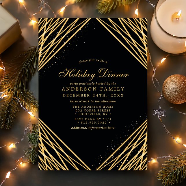 Black Gold Geometric Abstract Lines Holiday Dinner Invitation (Creator Uploaded)