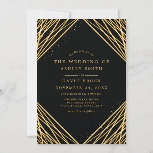 Wedding Invitations 5 Black Gold Geometric Abstract Lines Wedding Invitation