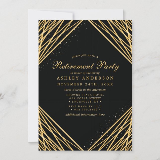 Black Gold Geometric Abstract Retirement Party Invitation (Front)
