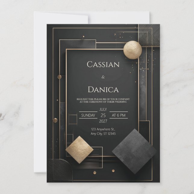 Black Gold Geometric Art Deco Opulent Wedding Invitation (Front)