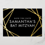 Black Gold Geometric Bat Mitzvah Save the Date Foil Invitation<br><div class="desc">REAL foil Bat Mitzvah Save the Date Card with Modern Geometric Overlapping Squares in Gold,  Silver,  or Rose Gold Pink Foil on black and white background with your personalized photo on the back.</div>