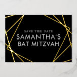 Black Gold Geometric Bat Mitzvah Save the Date Foil Invitation<br><div class="desc">REAL foil Bat Mitzvah Save the Date Card with Modern Geometric Overlapping Squares in Gold,  Silver,  or Rose Gold Pink Foil on black and white background with your personalized photo on the back.</div>