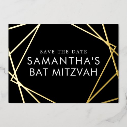 Black Gold Geometric Bat Mitzvah Save the Date Foil Invitation