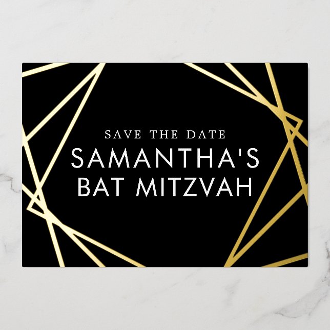Black Gold Geometric Bat Mitzvah Save the Date Foil Invitation (Front)