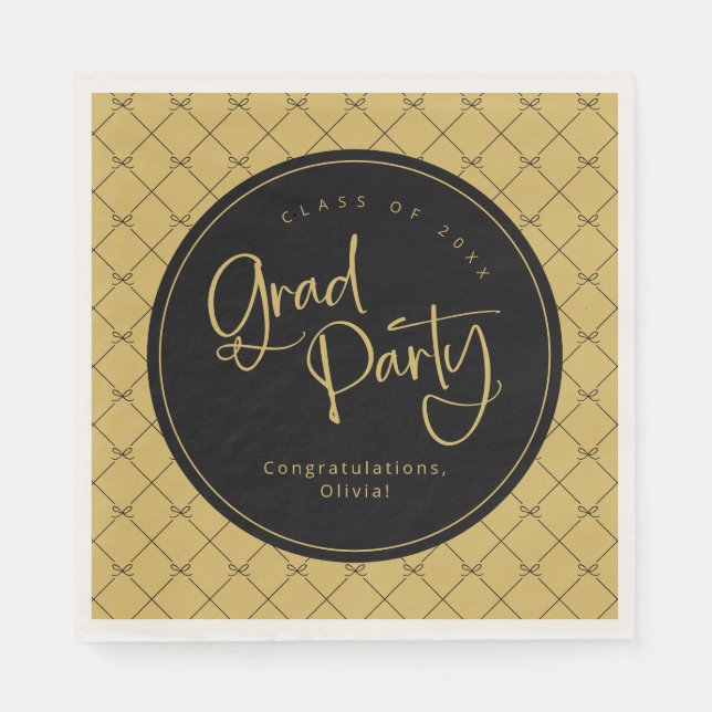 Black Gold Geometric Bow Pattern Grad Party Napkins (Front)