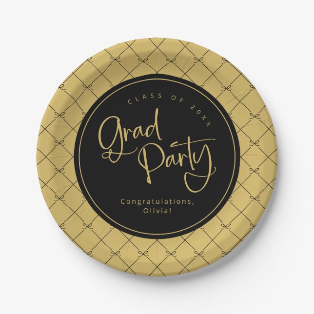 Black Gold Geometric Bows Pattern Grad Party Paper Plates (Front)