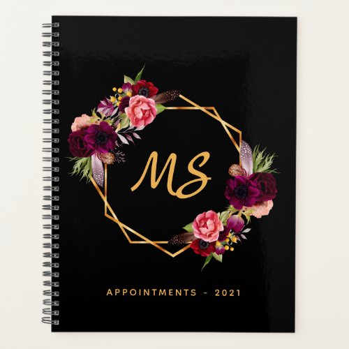 Black gold geometric burgundy floral monogram 2022 planner