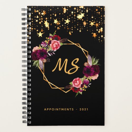 Black gold geometric burgundy floral monogram 2023 planner