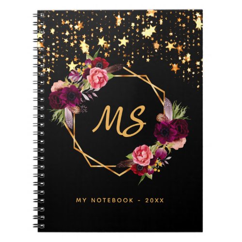 Black gold geometric burgundy floral monogram chic notebook