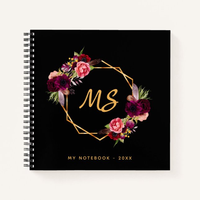 Black gold geometric burgundy floral monogram chic notebook (Front)