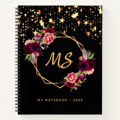 Black gold geometric burgundy floral monogram chic notebook