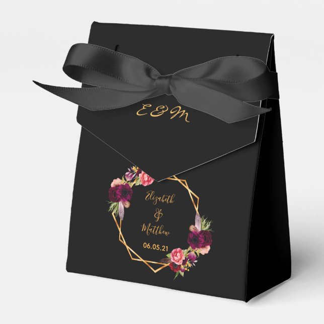 Black gold geometric burgundy florals wedding favor boxes (Front Side)