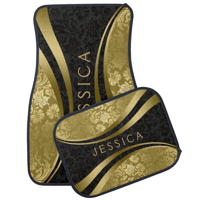 Black & Gold Geometric Damasks Dynamic Stripes Car Mat (Set)